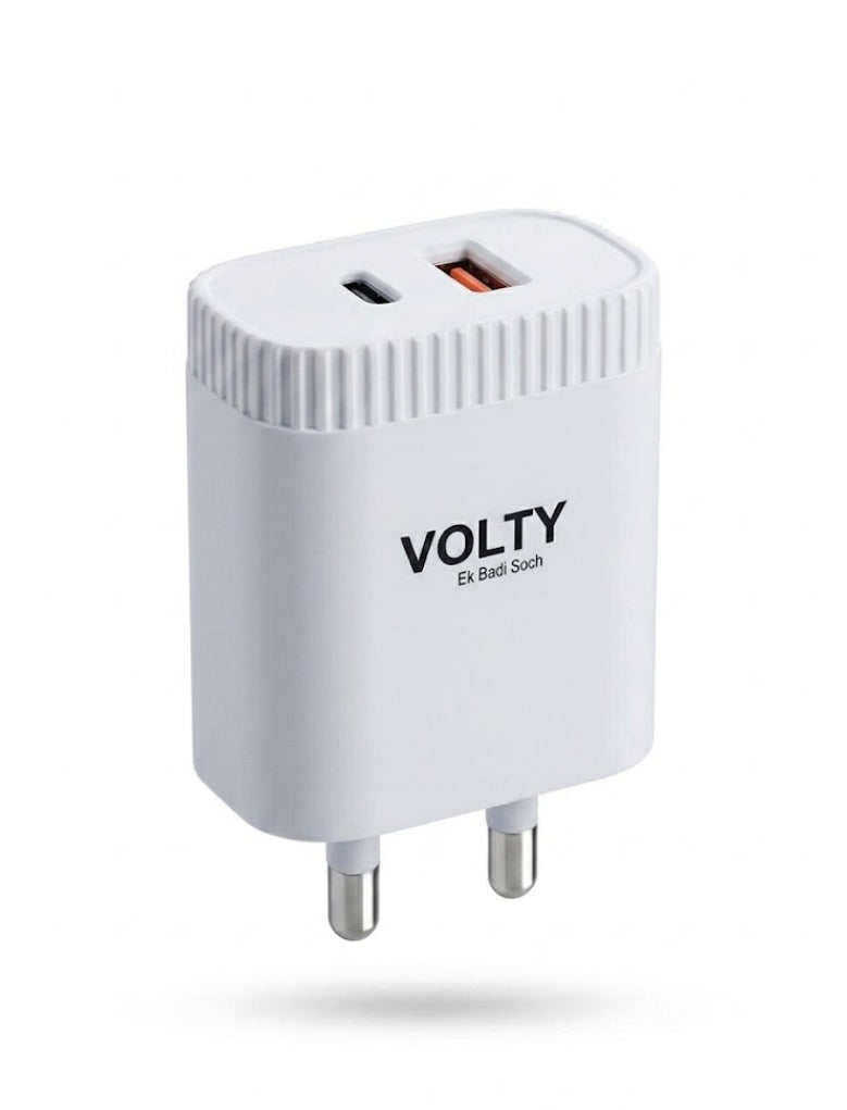 VOLTY 20W Dual Port GaN Charger, USB & Type C Fast Charging Adapter For iPhone 17/16/15/14/13/12/11 (Pro,Pro Max,Plus), iPad, Google Pixel, Samsung & All Type C devices BIS Certified