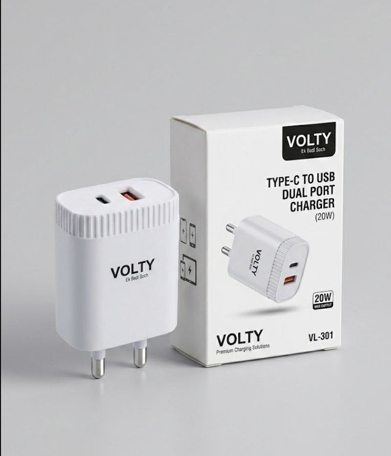 VOLTY 20W Dual Port GaN Charger, USB & Type C Fast Charging Adapter For iPhone 17/16/15/14/13/12/11 (Pro,Pro Max,Plus), iPad, Google Pixel, Samsung & All Type C devices BIS Certified